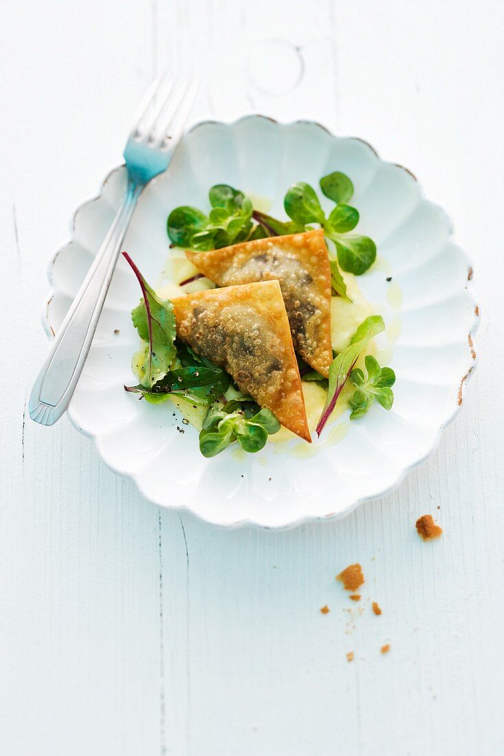 Black pudding wontons on a bed of salad