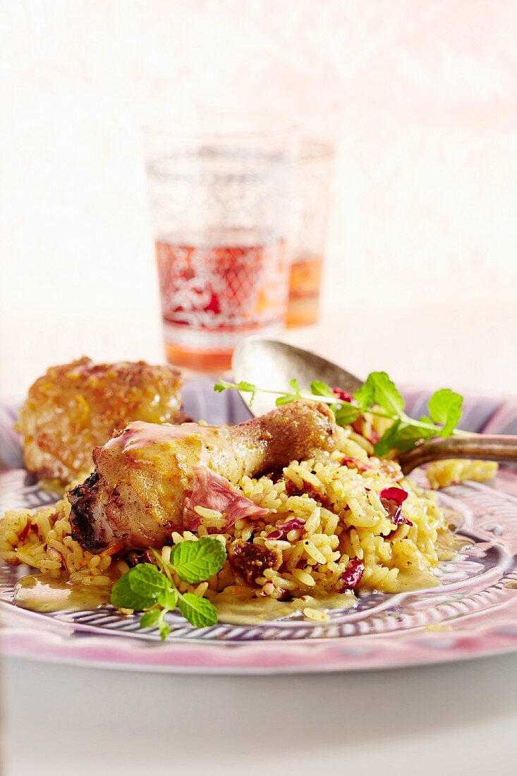 Oriental chicken with rose and spice ice cream