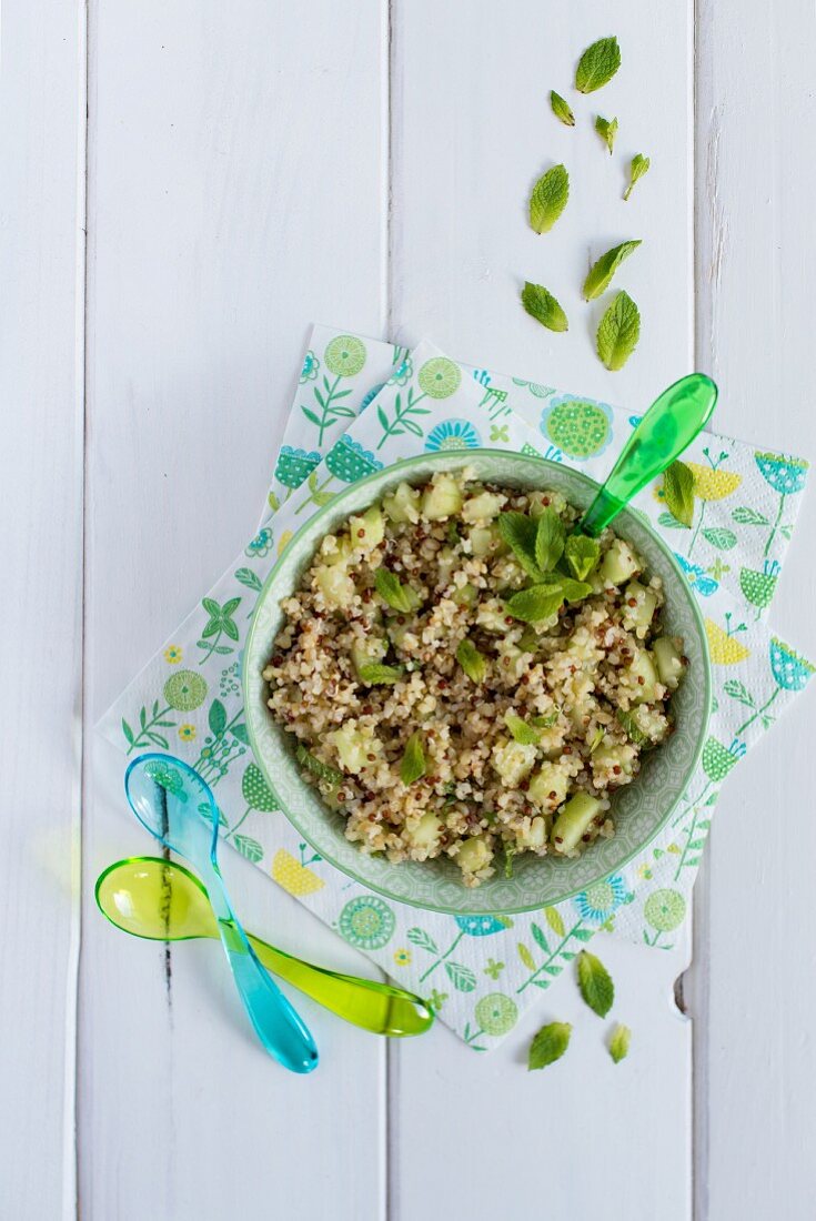 Tabbouleh with quinoa, cucumber and mint (seen from above)
