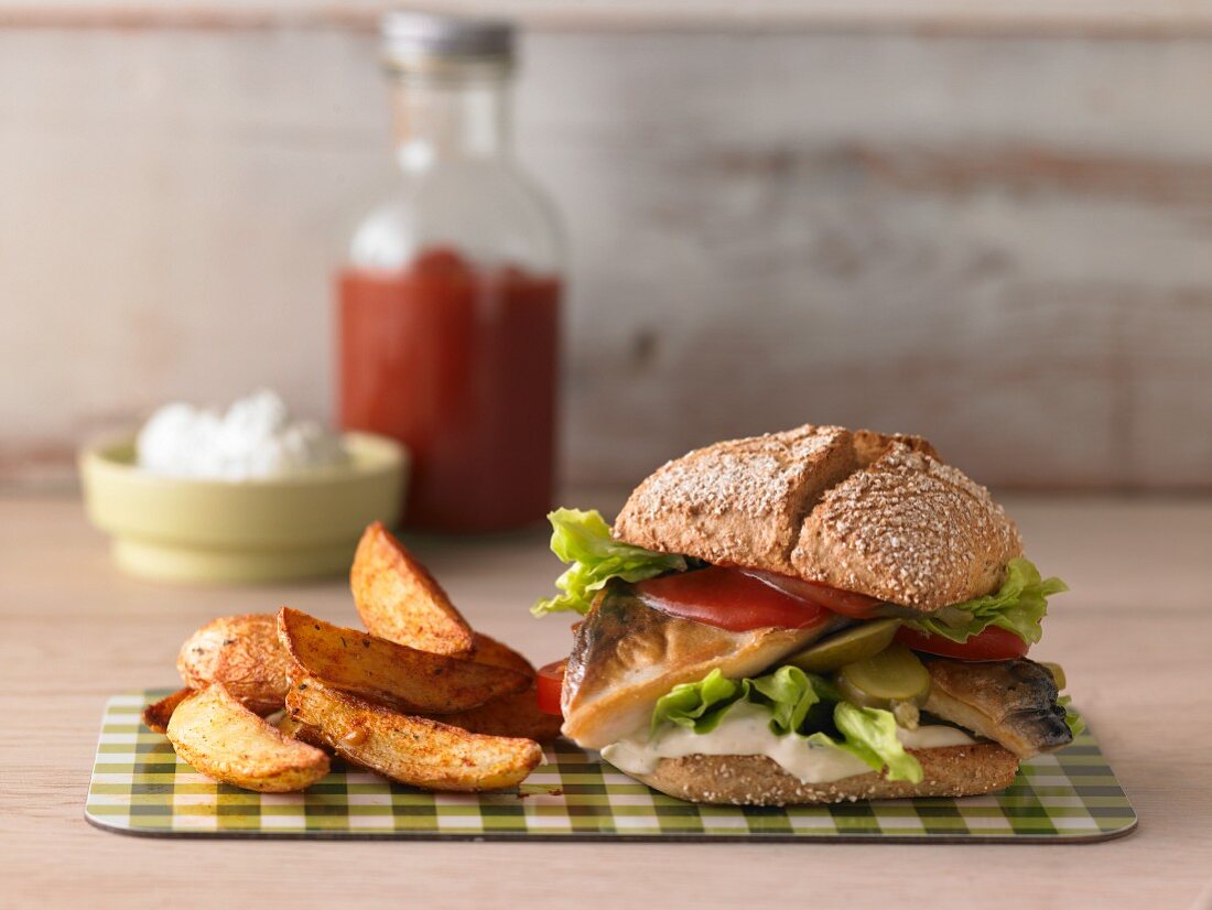 Fischburger mit Potatoe Wedges