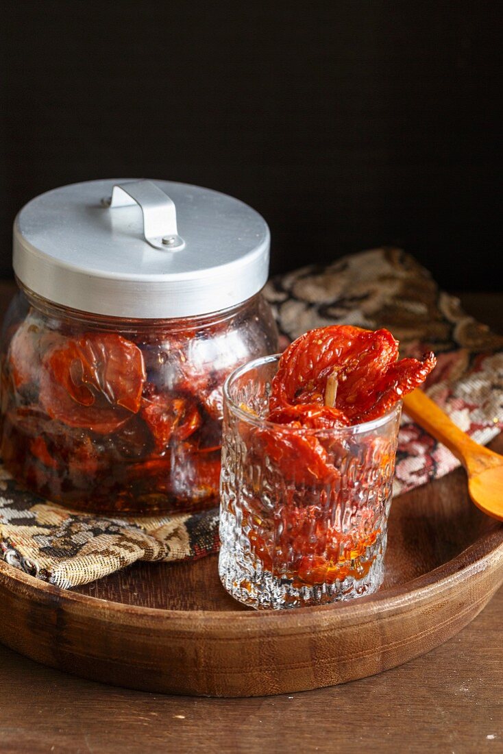 A jar of dried tomatoes