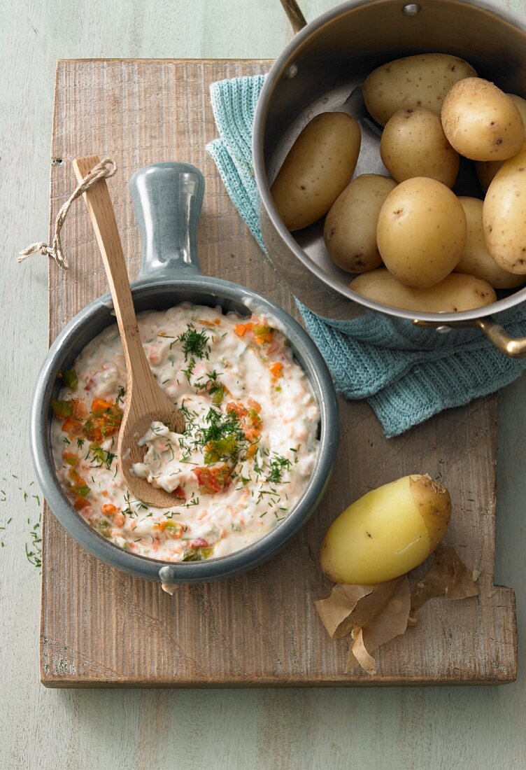 Vegetable quark served with new potatoes