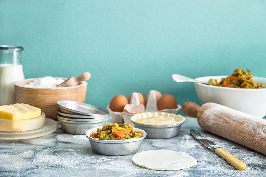 Moroccan chicken pies being made