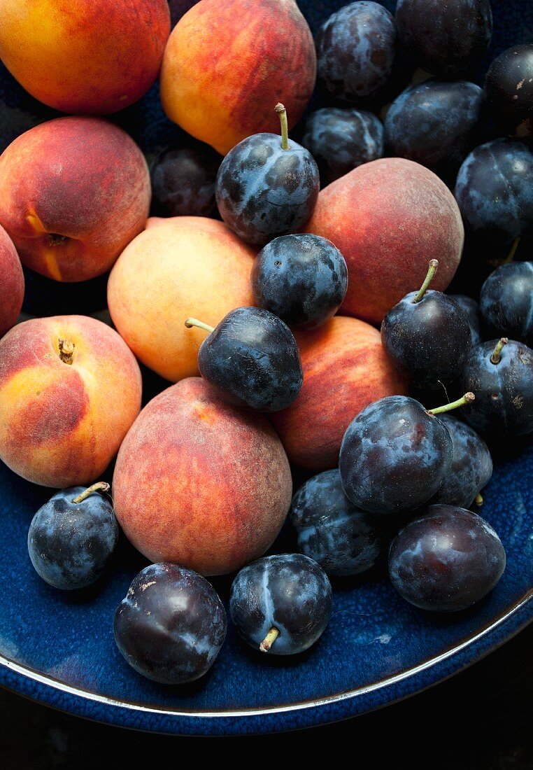 Peaches and plums in a navy blue bowl