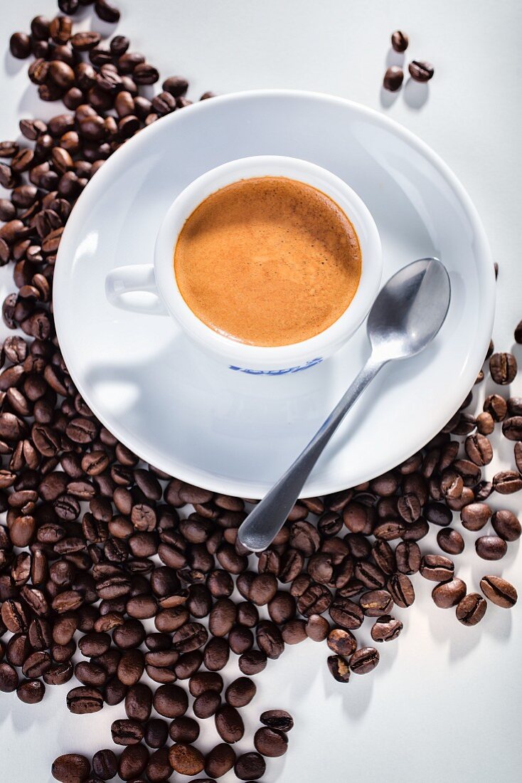 Cup of espresso on coffee beans