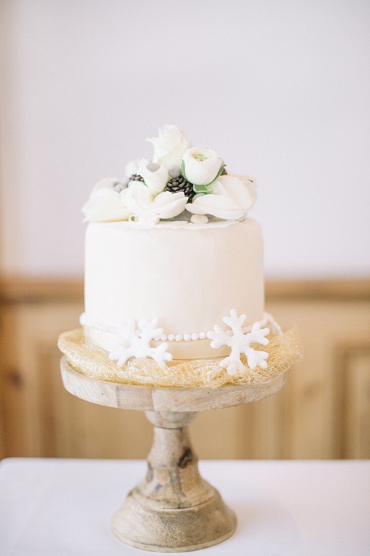 A wedding cake on a restaurant table