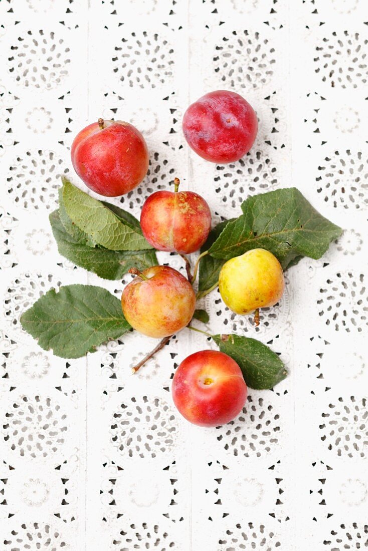 Plums with leaves on a lace cloth