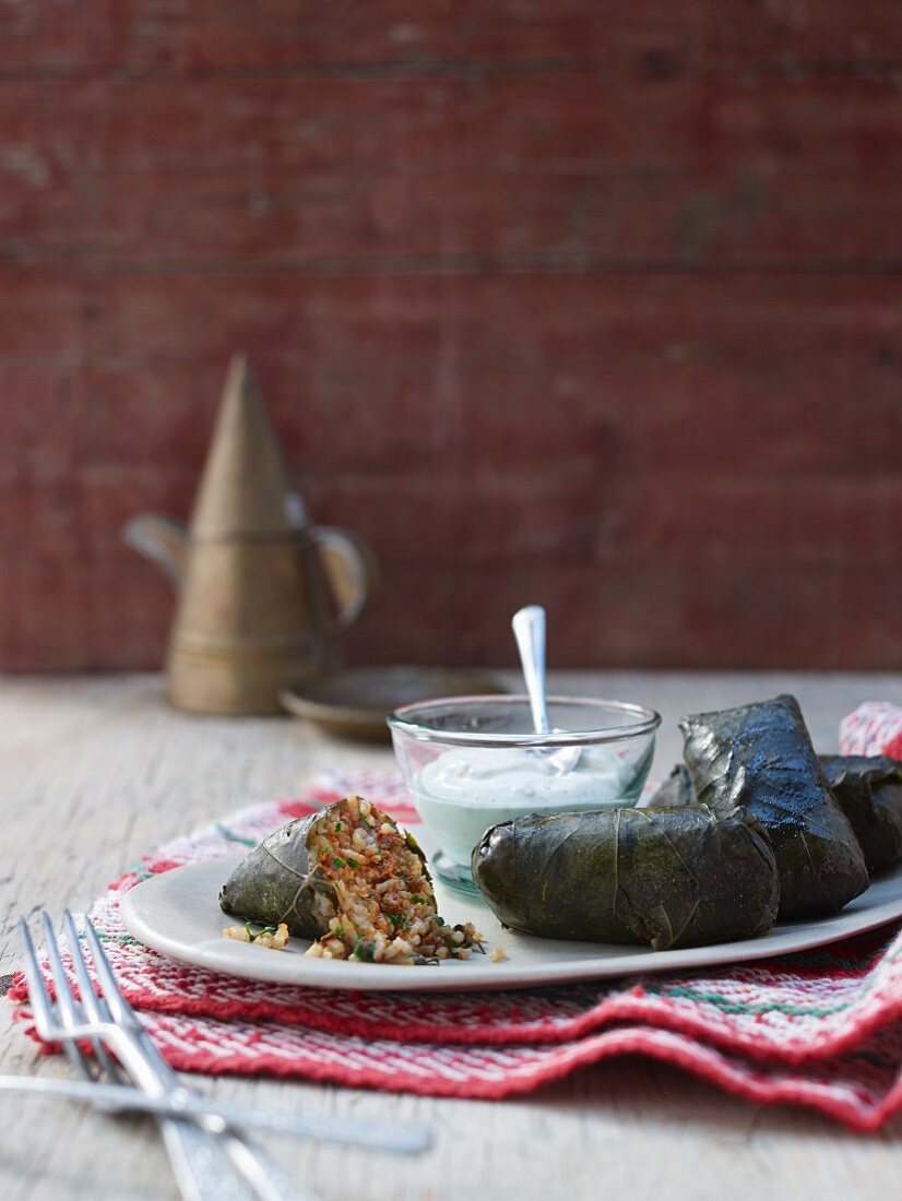 Stuffed vine leaves with a garlic dip