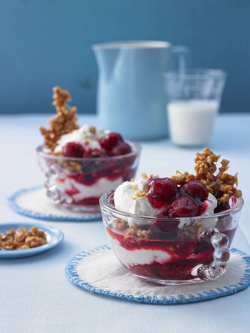 Cream cheese with cherries and almond brittle