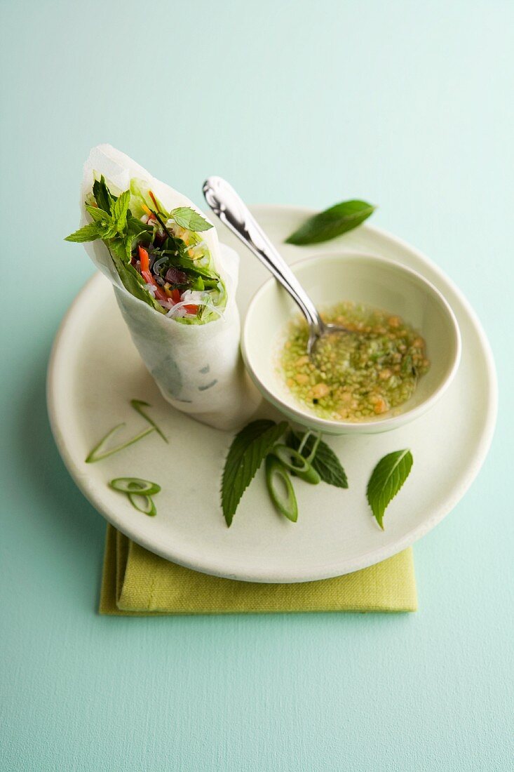 Spring rolls with marinated beef and mint served with a peanut and cucumber dip