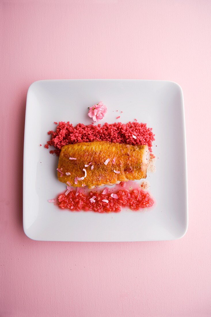 Roasted red mullet fillets with rose couscous and salsa rosa