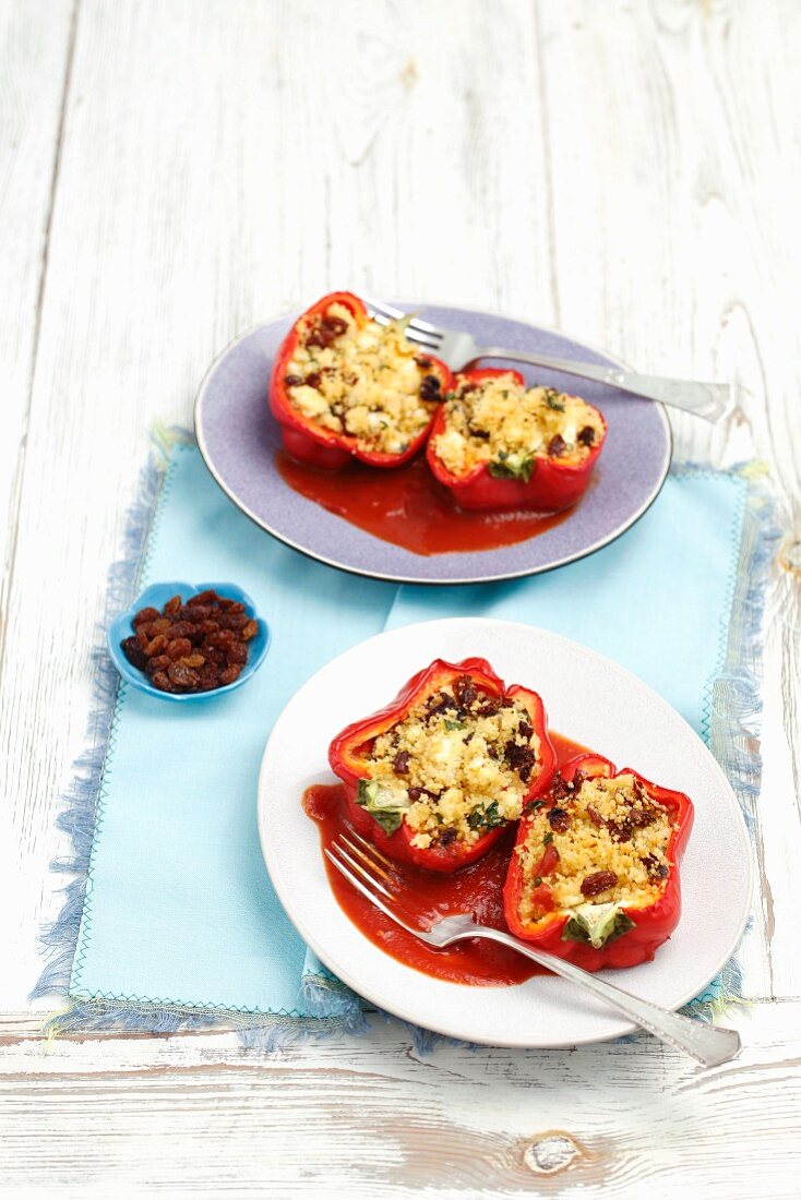 Peppers stuffed with couscous, raisins, dried tomatoes and feta cheese