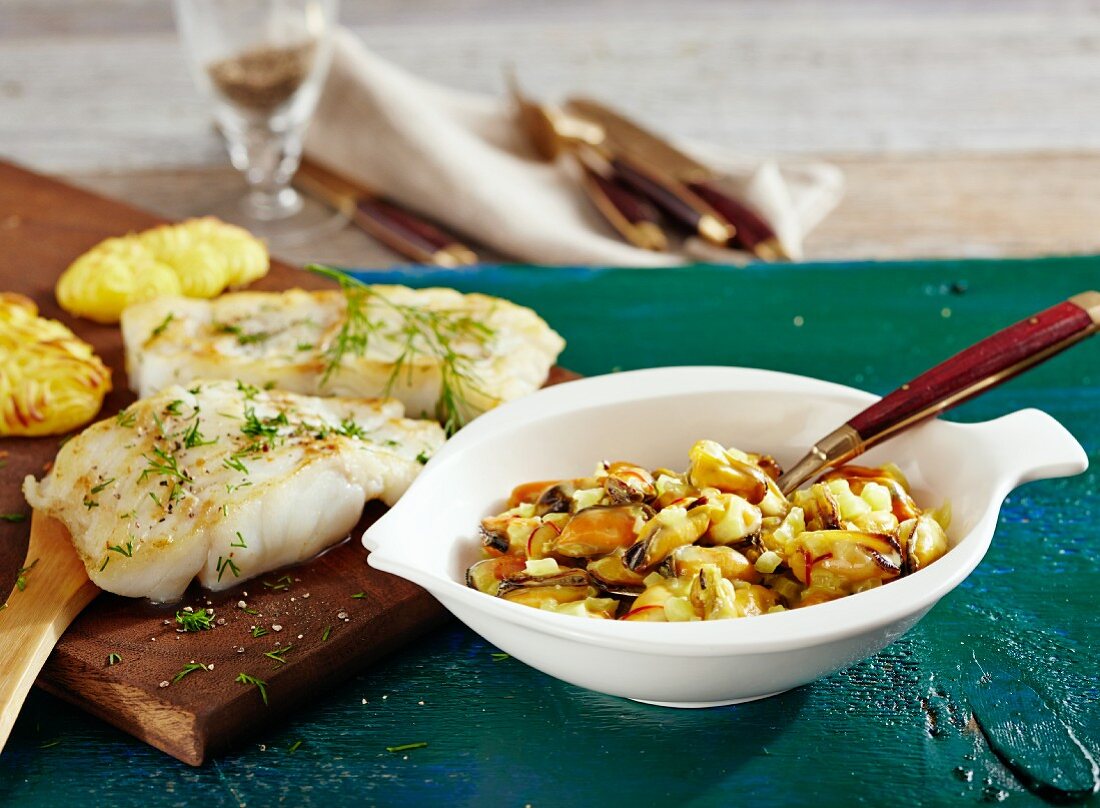 Cod fillets with a mussel ragout