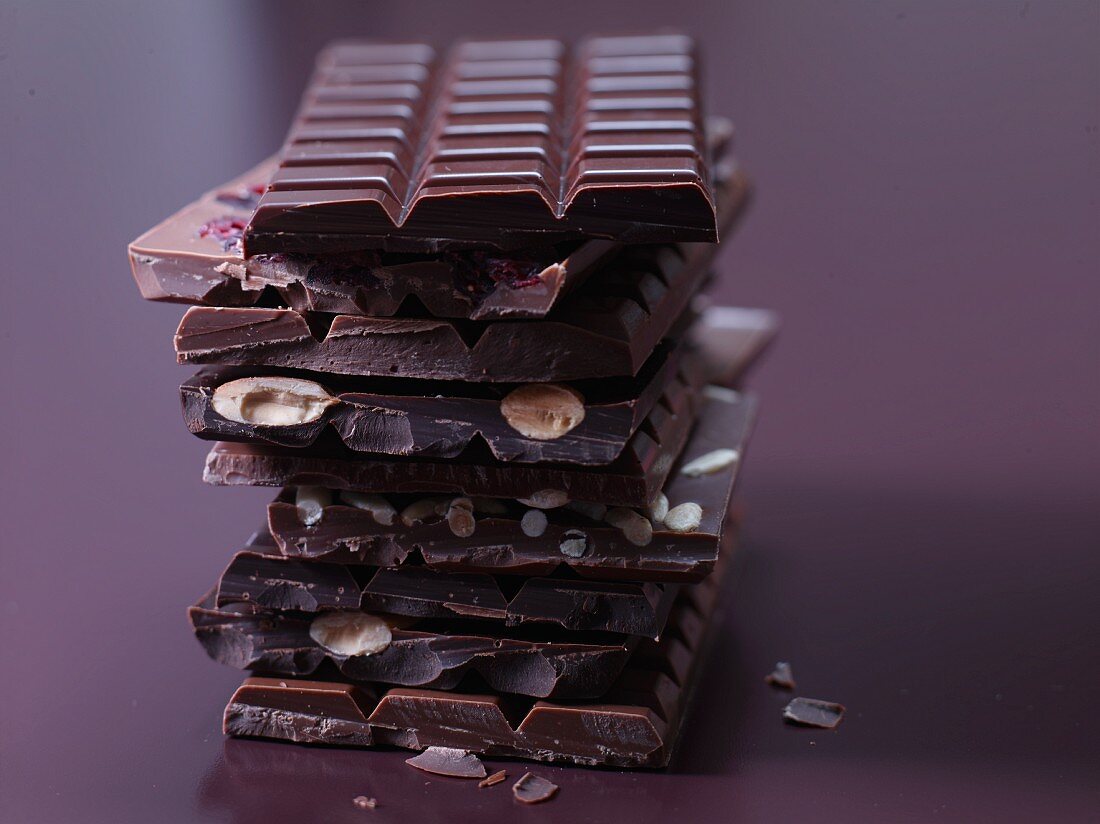 A stack of various types of chocolate