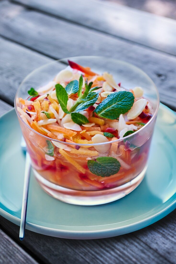 Carrot salad with lemon, mint and almonds