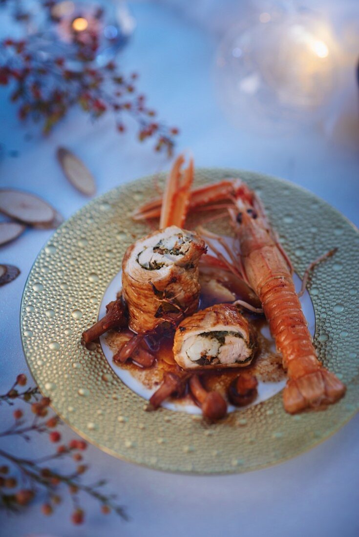 Stuffed turkey roulade with langoustine and mushrooms