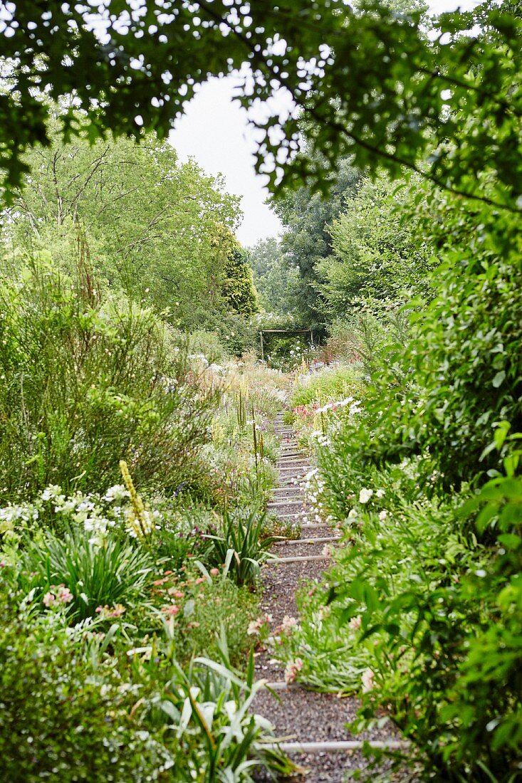 Treppenartiger Kiesweg durch blühenden Garten