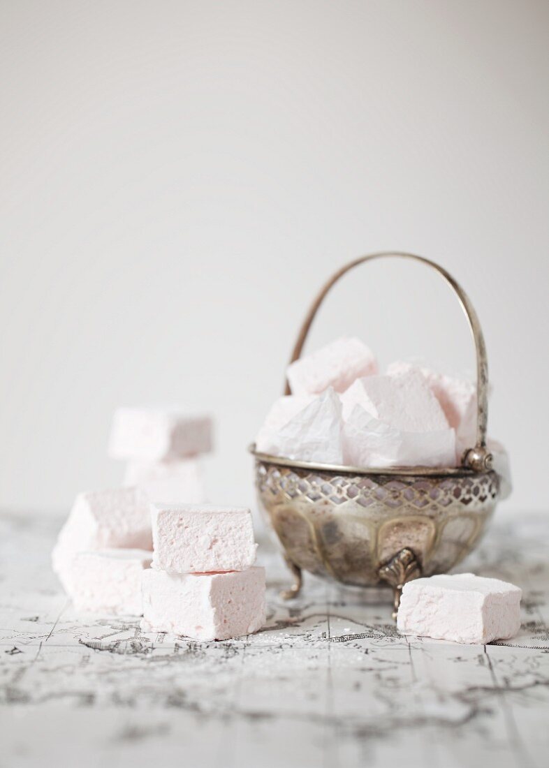 Vanilla marshmallows in a silver dish