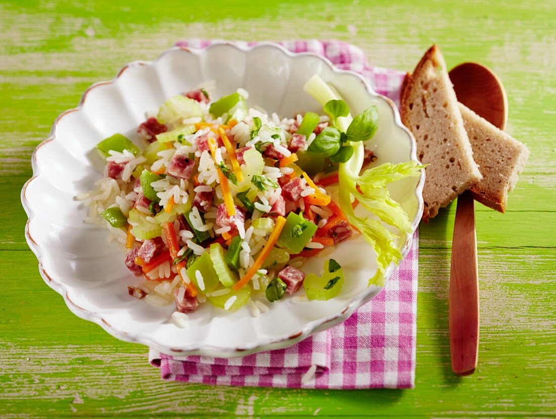 Rice salad with salami and celery