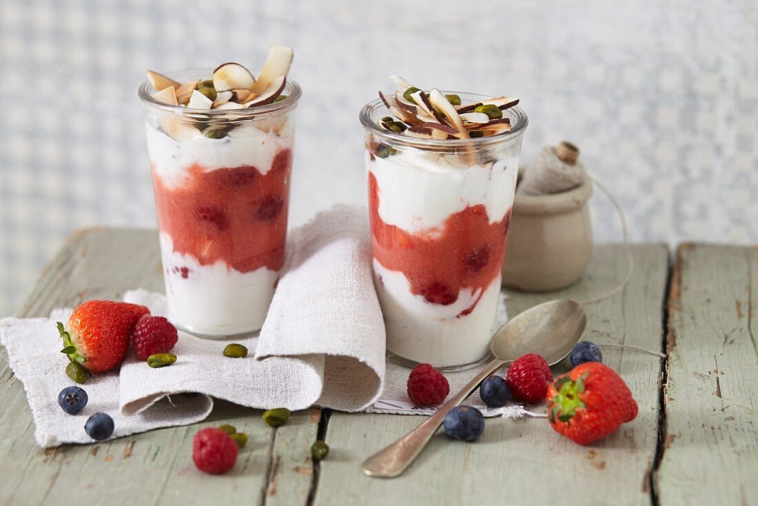 Vegan berry and coconut yoghurt with coconut brittle