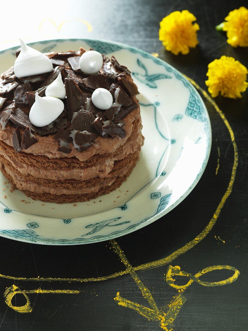 A mint chocolate cake decorated with meringue
