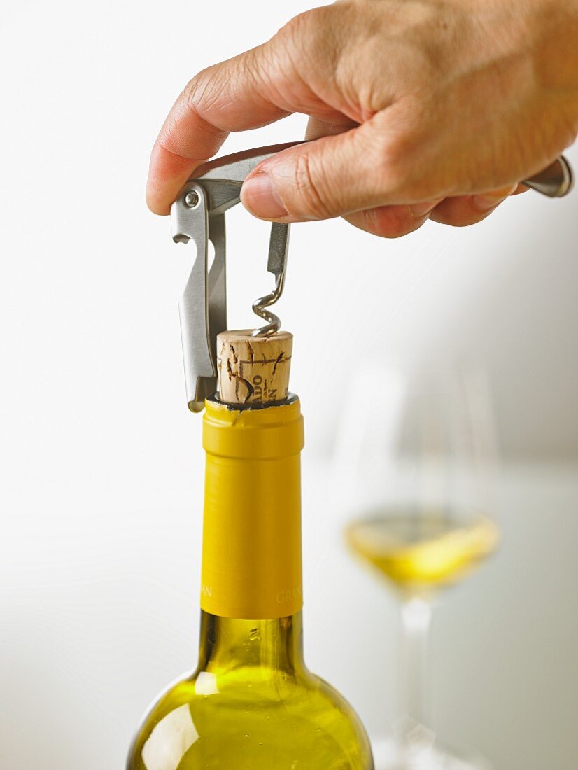 Eine Flasche Weißwein wird mit einem Sommelierkorkenzieher geöffnet