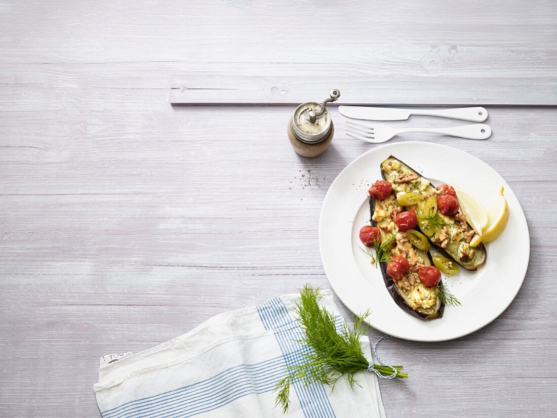 Baked aubergines with feta cheese, tomatoes and chilli(low carb)