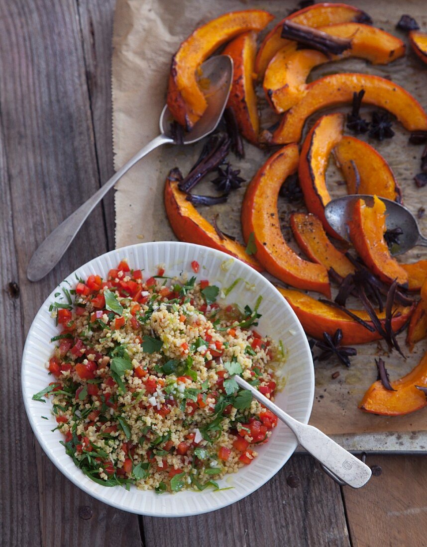 Vegan millet salad with baked pumpkin and a lime dressing