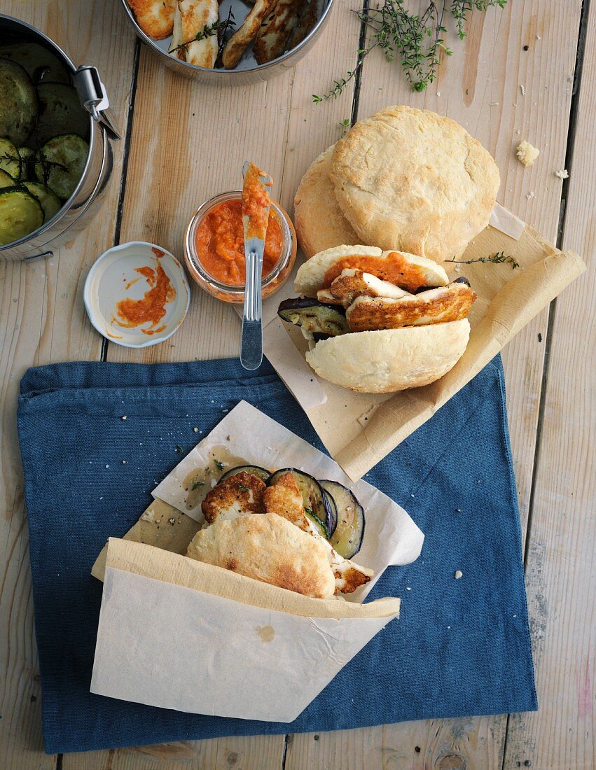 Pita pockets filled with grilled vegetables and pepper hummus