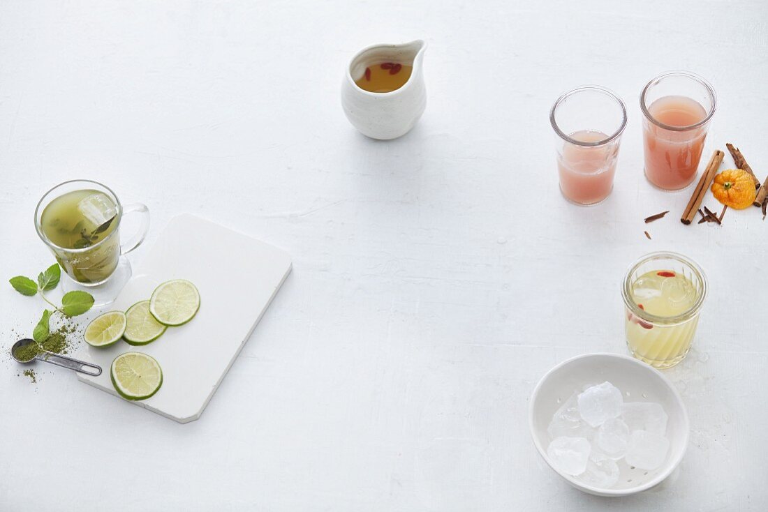Matcha ice tea, a goji berry and coconut drink and chica morada