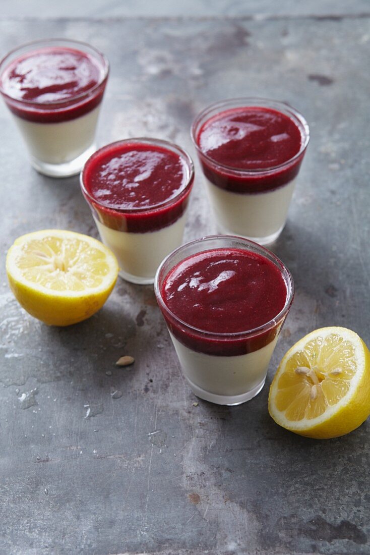 Vegan almond panna cotta with berry purée