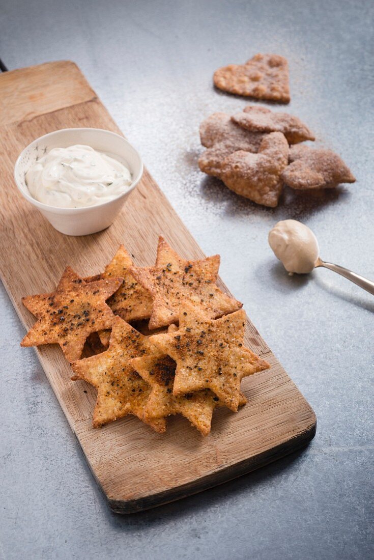 Tortilla stars and hearts with a sour cream dip