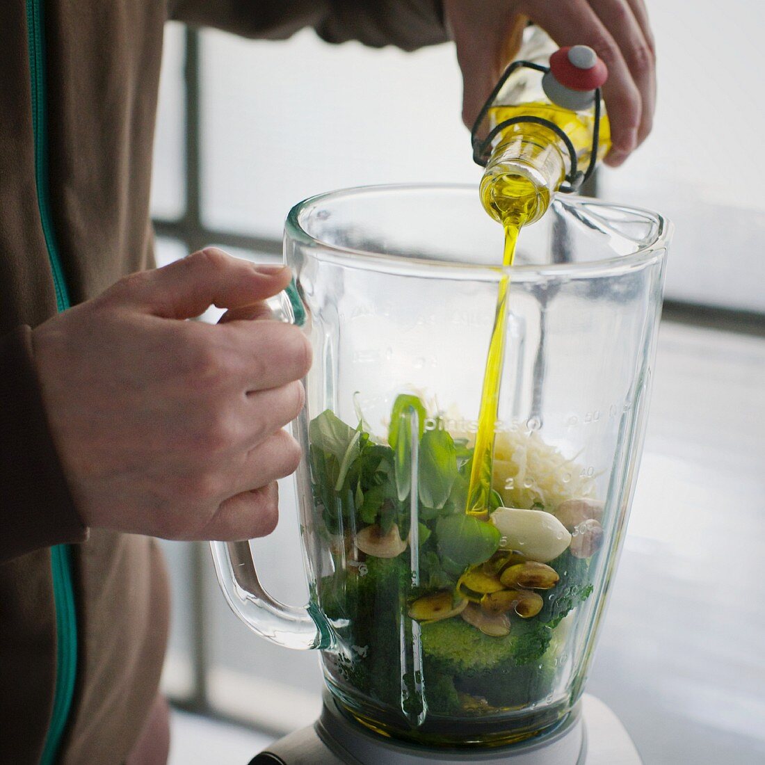 Ingredients for broccoli pesto in a blender