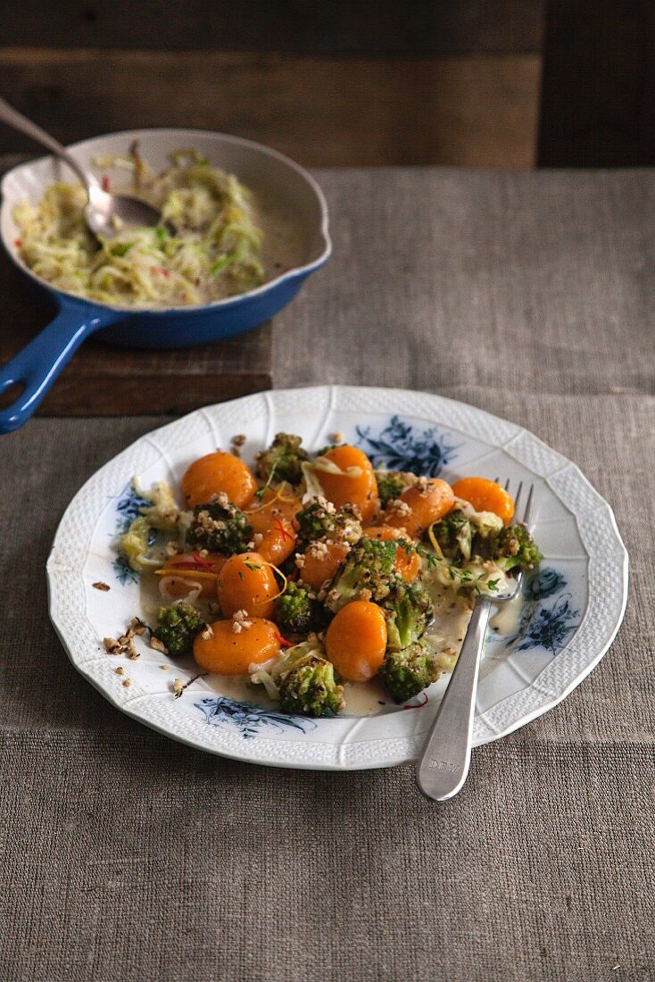 Vegan pumpkin gnocchi with Romanesco broccoli and hazelnuts