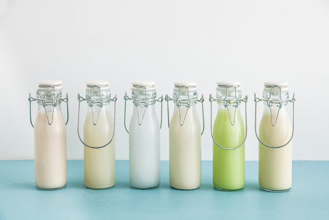 Various types of milk substitutes in bottles with their ingredients: almond milk, rice milk, coconut milk, oat milk, Edamame milk and soya milk