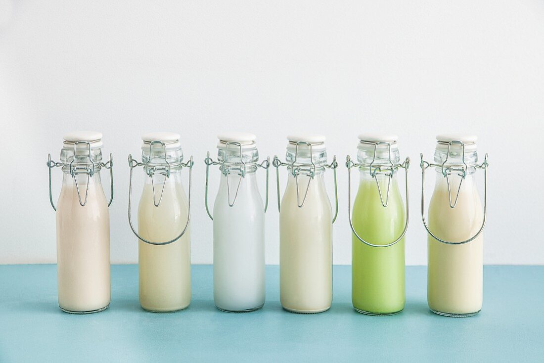 Verschiedene Milchersatzsorten in Flaschen: Mandeldrink, Reisdrink, Kokosmilch, Haferdrink, Edamame-Milch, Sojadrink