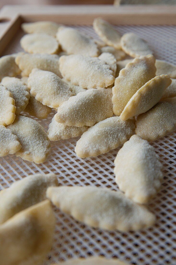 Oval ravioli on a drying rack