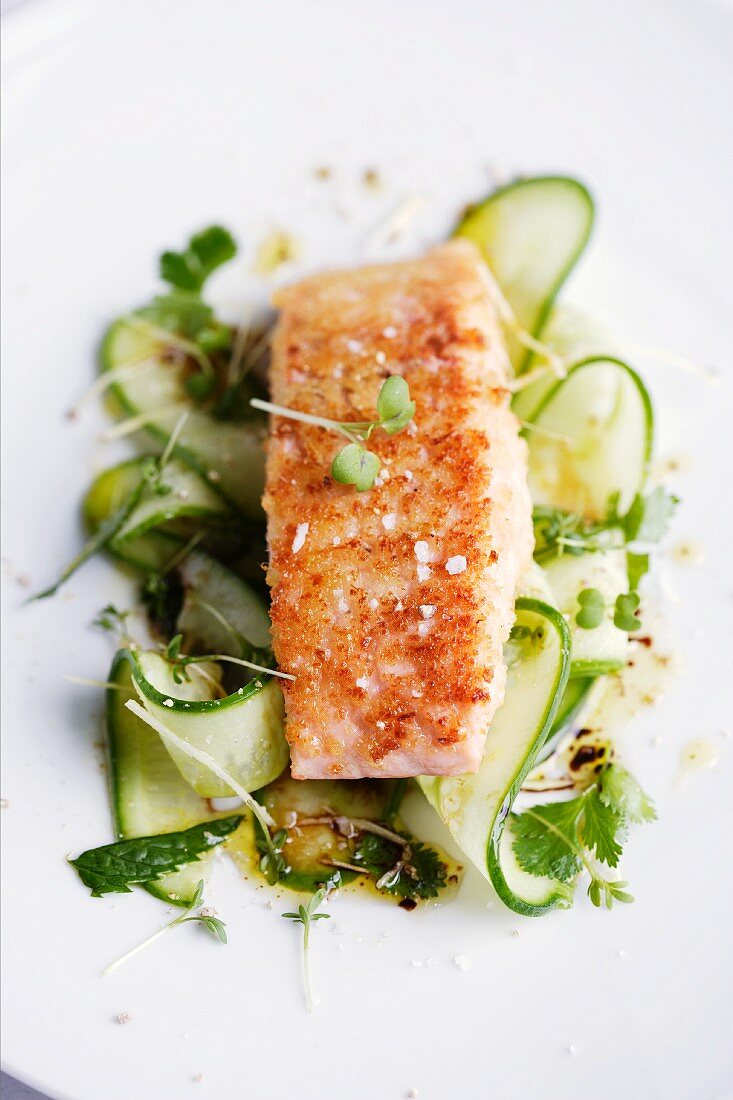 Fried salmon with fresh ginger on a cucumber salad