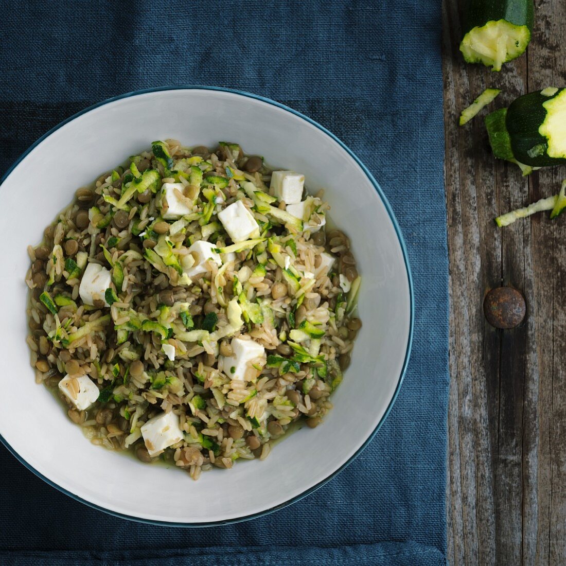 Lentil and courgette rice with cardamom and feta cheese (seen from above)