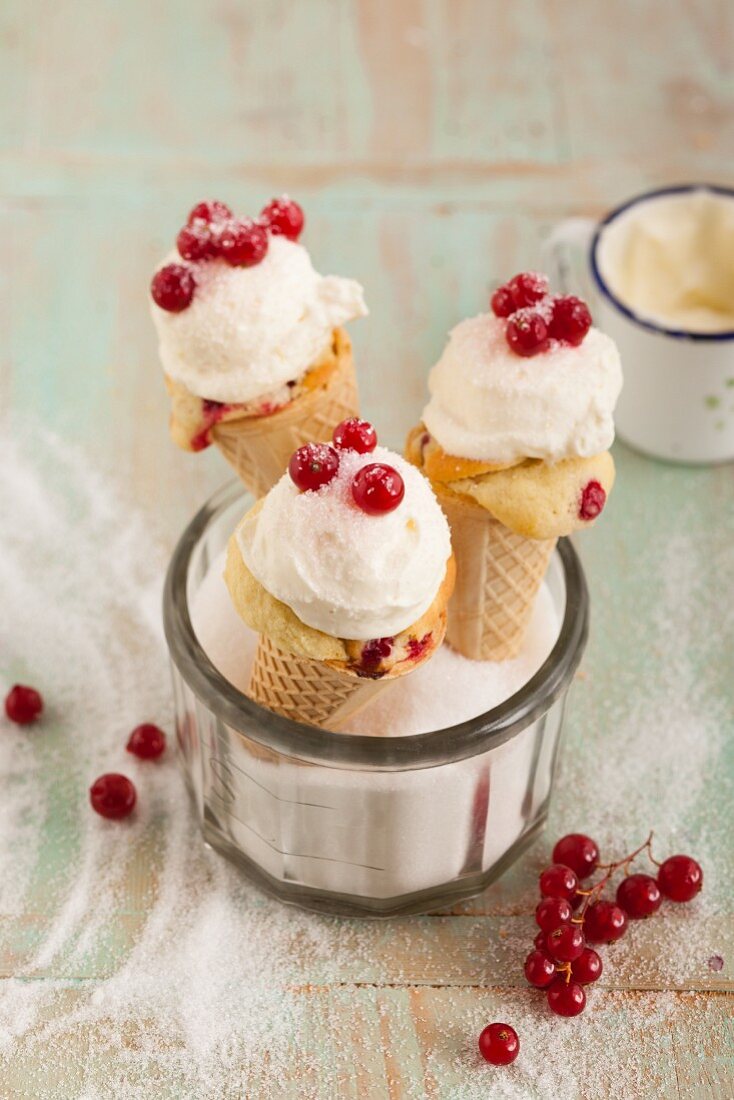 Redcurrant cupcakes baked in ice cones