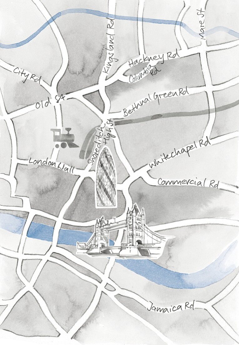 Illustration: Stadtkarte Londons um die Tower Bridge