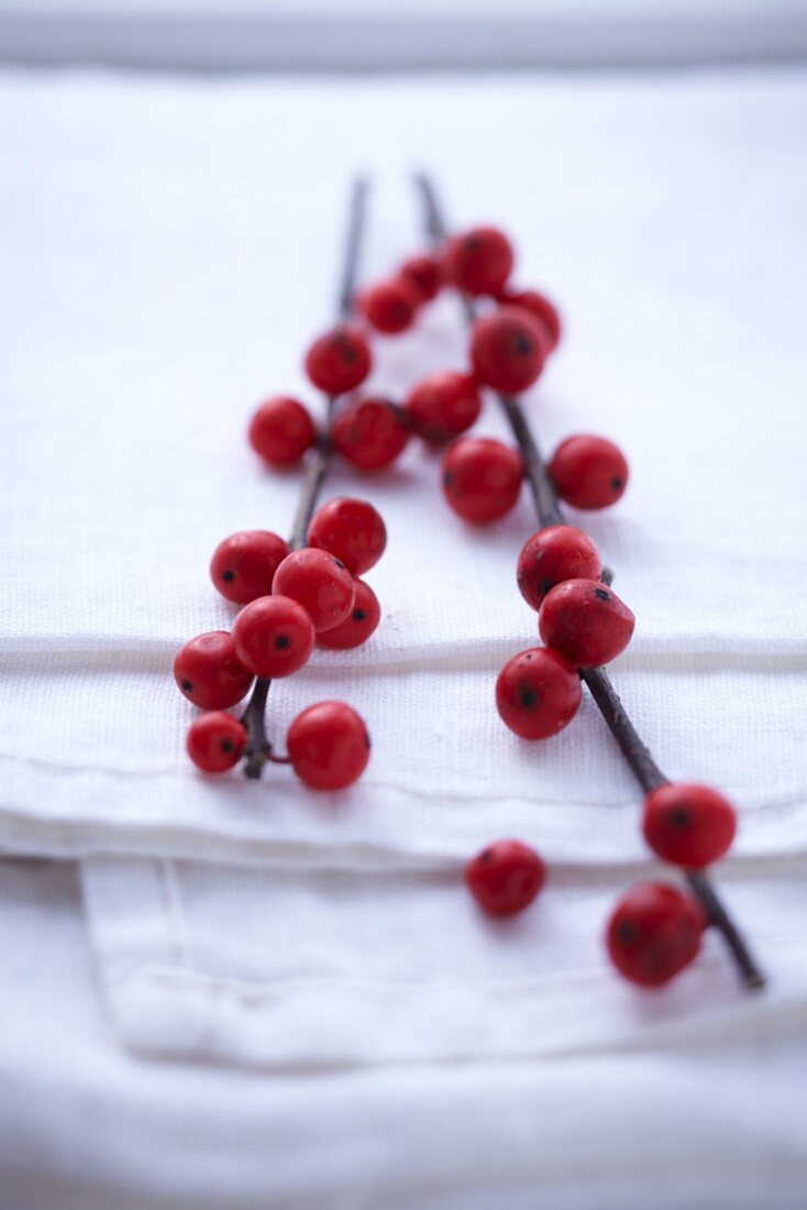 A sprig of holly berries on a napkin