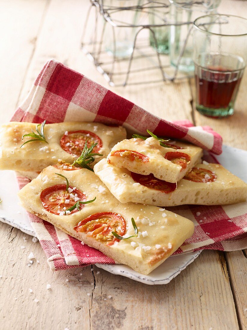 Focaccia with tomatoes, rosemary and salt