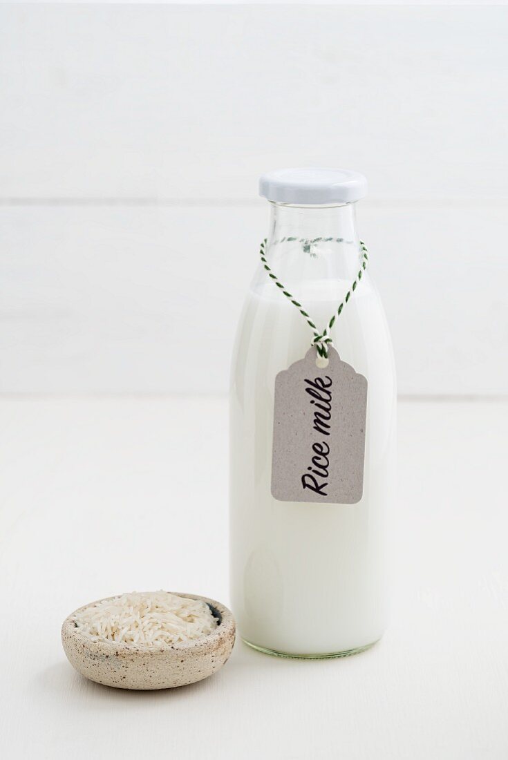 Rice milk in a glass bottle with a label