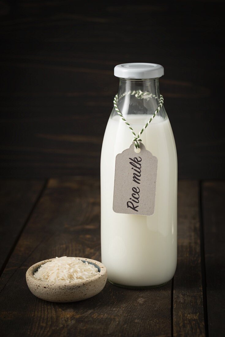 Rice milk in a glass bottle with a label