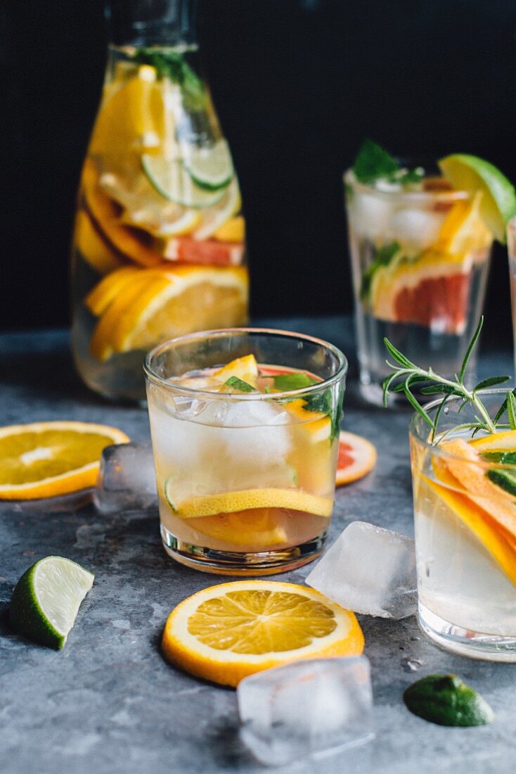 Citrus fruit drinks with ice cubes