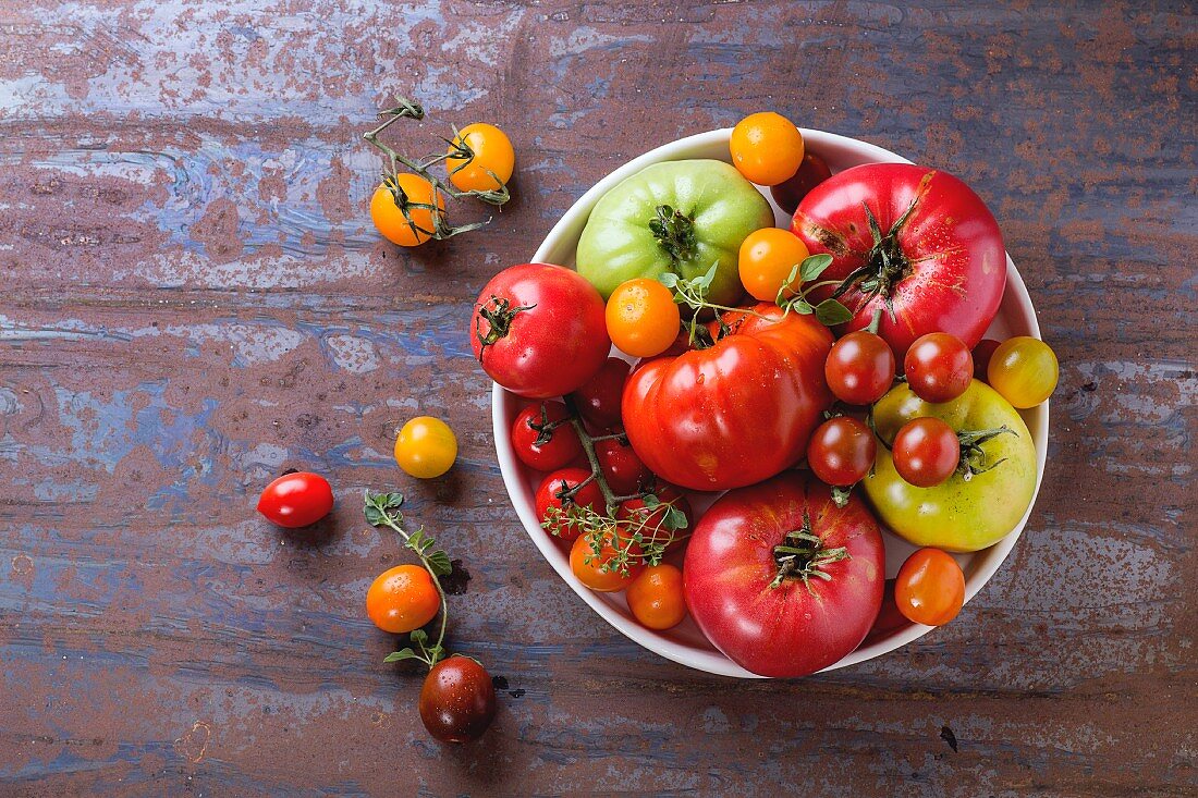 Various types of tomatoes in a bowl on a metal surface (seen from above)