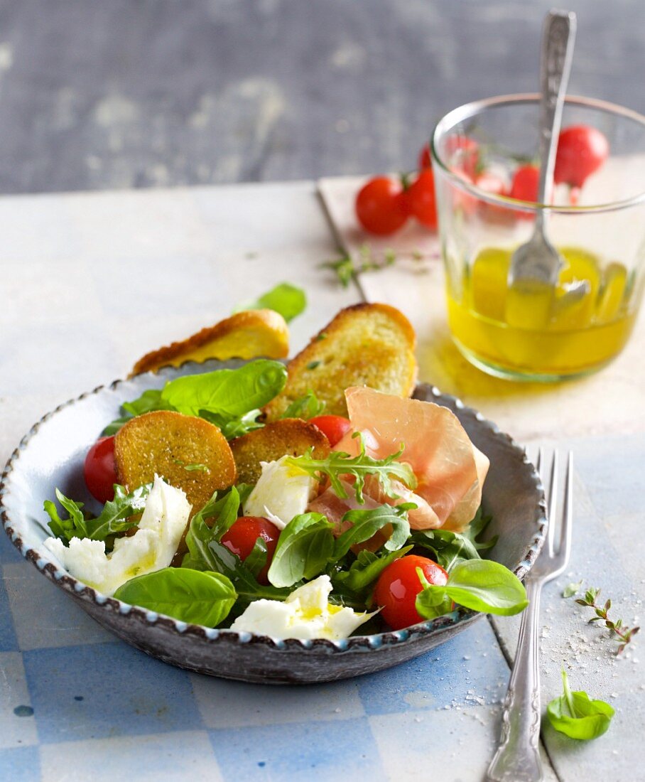 Bread salad with mozzarella and San Daniele ham