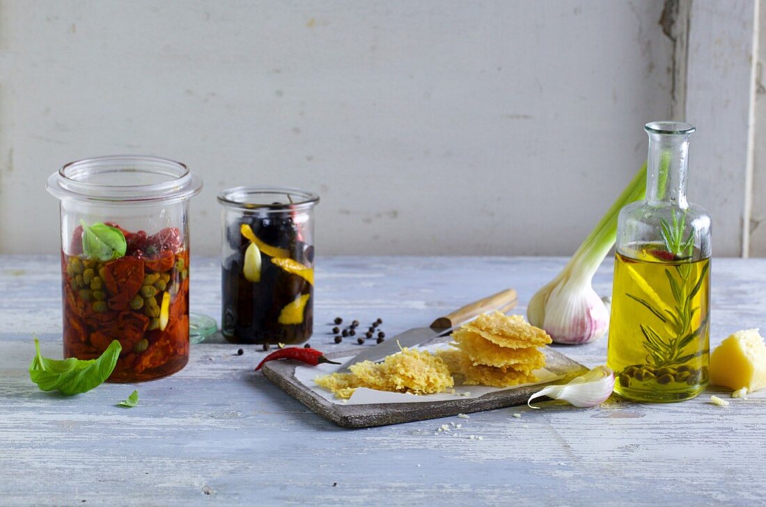 An Italian arrangement of pickled vegetables and rosemary oil