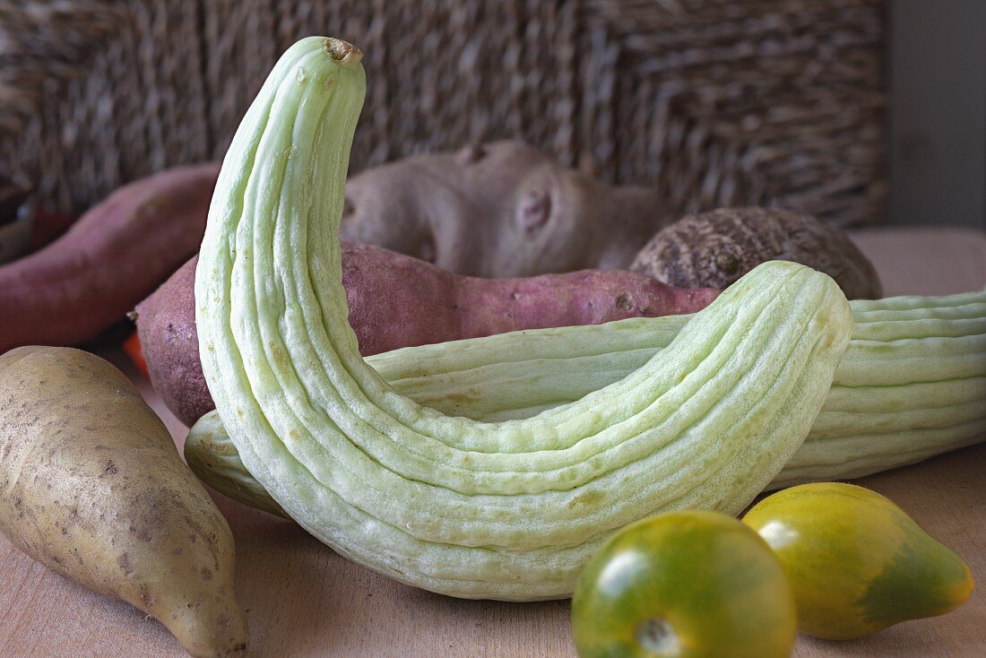 An arrangement of vegetables with wild cucumbers